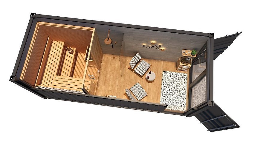 Conteneur Sauna de 15 m² avec espace de repos « clé en main »